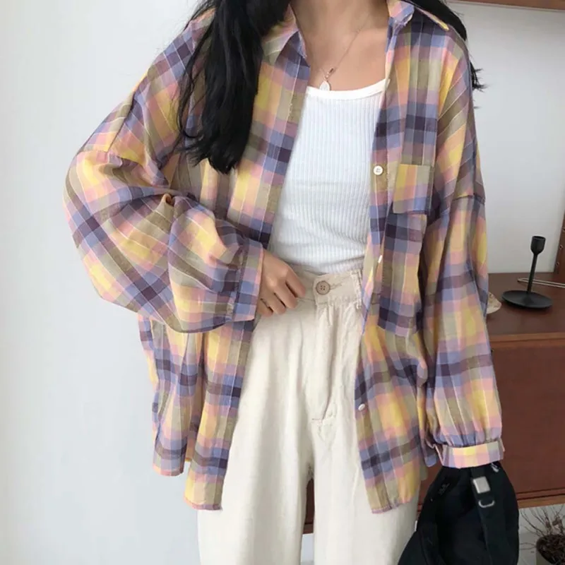 Женская рубашка в клетку с отложным воротником и длинным рукавом | одежда