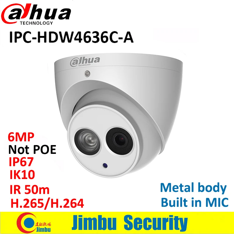 

IP-камера Dahua, 6 МП, металлический корпус, H.265, встроенный микрофон, IR50m, IK10, IP67, купольная камера, не POE, смарт-Обнаружение