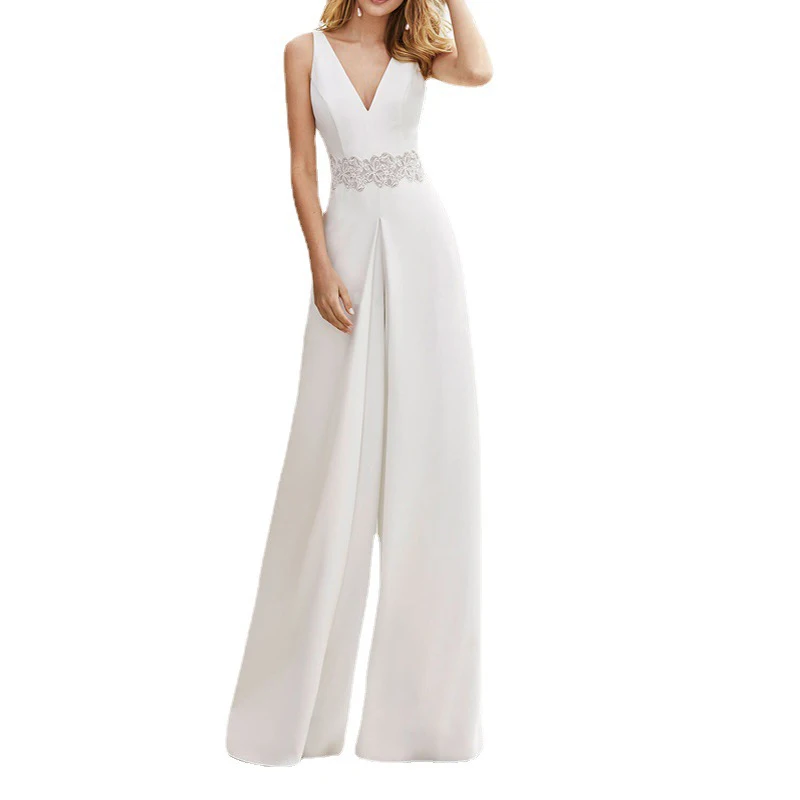 Elegant White Jumpsuits Women Deep V Neck High Waist Wide Leg Pants Rompers Women 21 Summer Slim Chic Jumpsuits Female LD2008