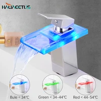 haliaeetus led basin faucet waterfall bathroom brass wash sink taps glass temperature colors change single handle faucets chrome