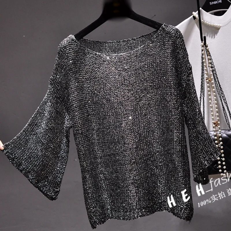 Qooth Shiny Lurex Sequin Sweater Women Long Sleeve Pullover Round Neck Golden Basic Shirt Knit Tops Jumper QH2174 | Женская одежда