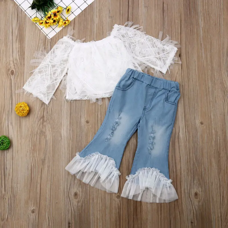 Модный осенний комплект для девочек летняя Кружевная футболка маленьких топы