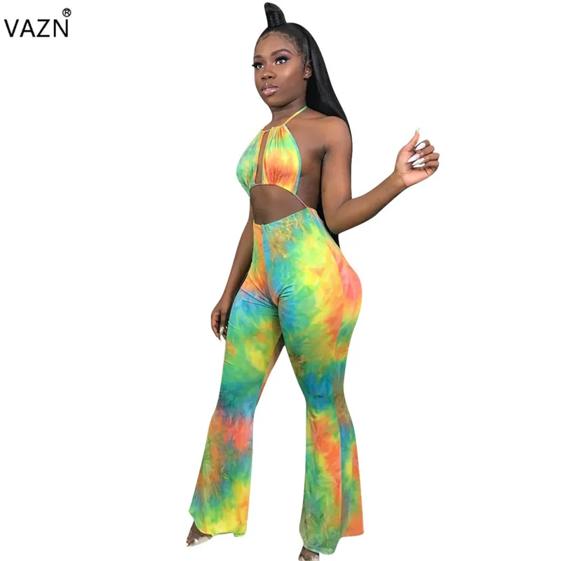 VAZN WYNZ8192 new product 2019 summer sexy lady green jumpsuit long pants halter backless jumnpsuit leopard |