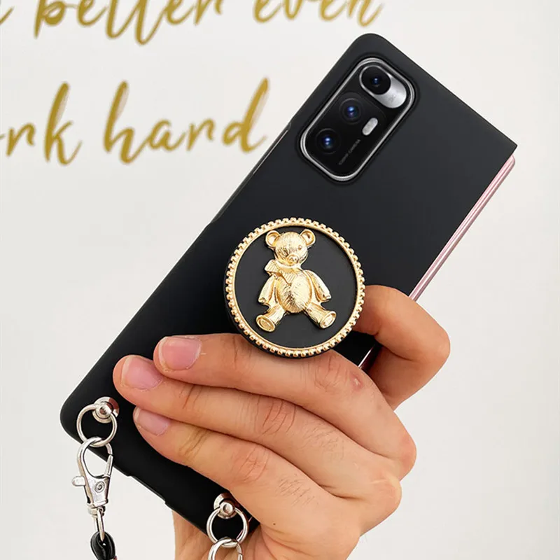 Cute Cartoon Bear Stand Holder Black Skin Frosted Case With Long Strap For Samsung Galaxy Z Fold 3 2 5G ZFold 4 Korean Bear Case