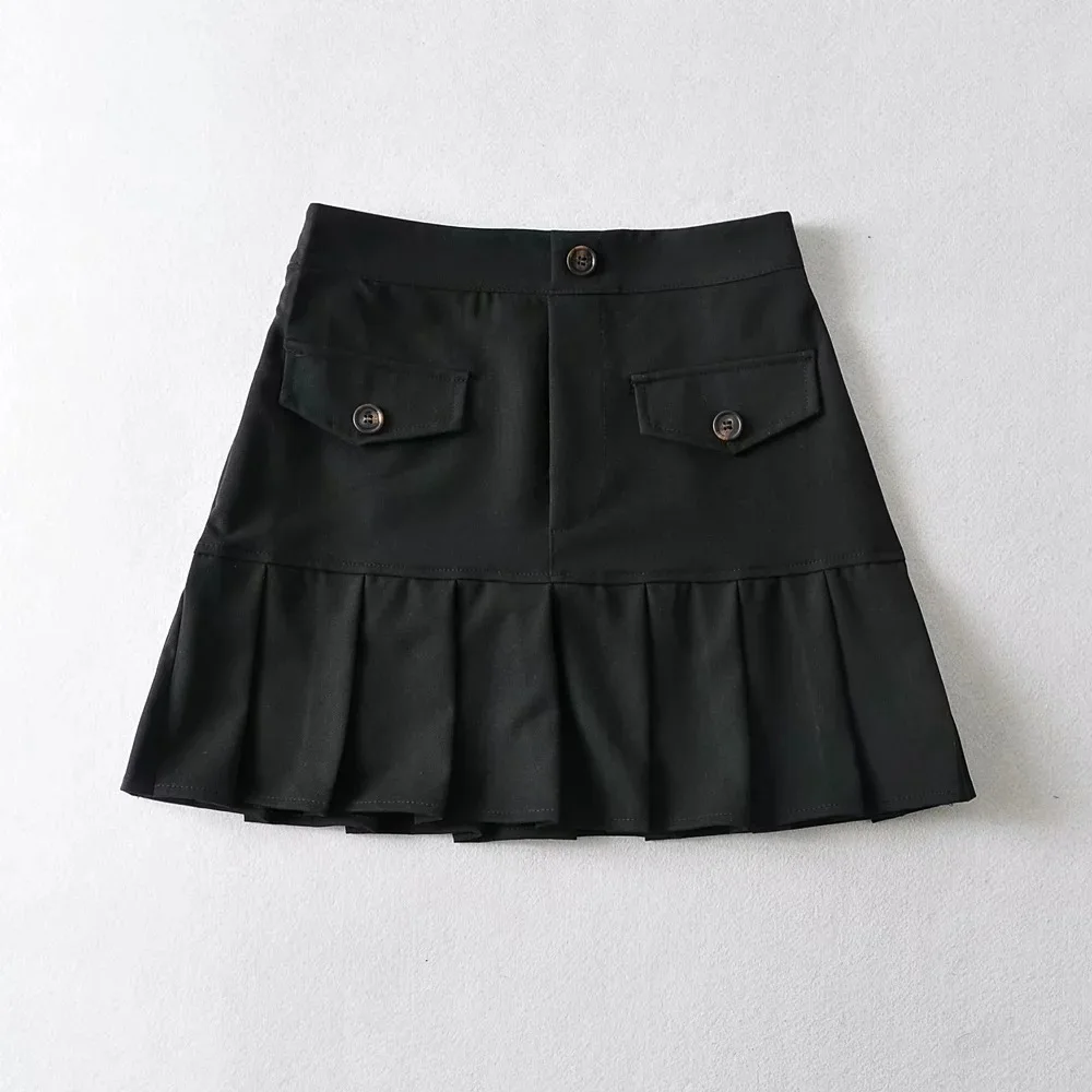

TVVOVVIN Fashion High Waist Pleated Skirt 2021 Summer New Vintage College Style Pocket Decorative Mini Skirt Qjyj