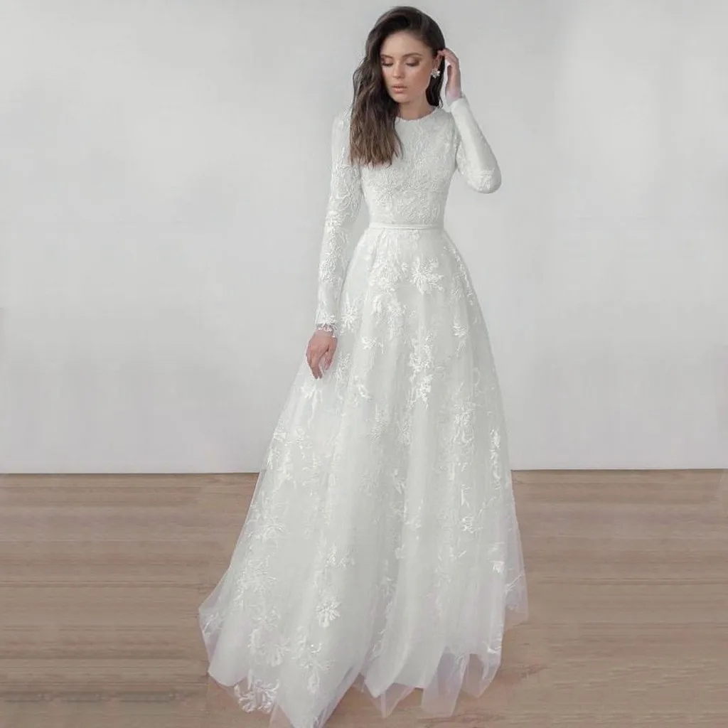 Однотонное кружевное платье с круглым вырезом и длинным рукавом модная женская