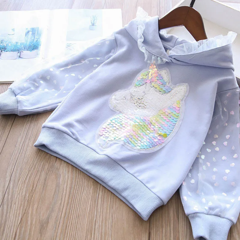 

Kids Cotton Hooded Sweatshirt Cute Girls Autumn Mesh Long Sleeve Clothes Girls Unicorn Sequins Sweatshirts Casual Tops