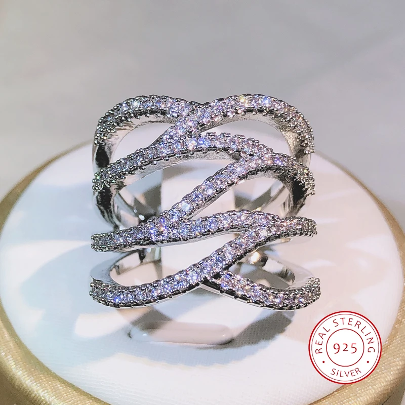 

Creative Geometric Winding White Zircon Ring 925 Sterling Silver For Ladies Fashion Party Cocktail Party Jewelry Gift