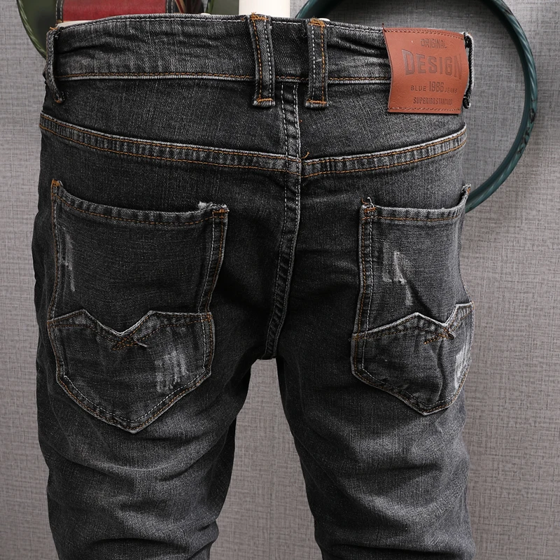 European Vintage Fashion Men Jeans Retro Black Gray Elastic Slim Ripped Jeans Men Distressed Designer Cotton Denim Punk Pants