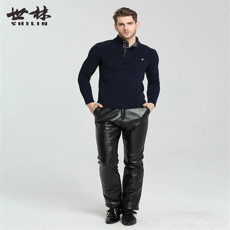 Middle-aged leather pants men's plus velvet thicken warm loose large size casual personality motorcycle trousers winter black