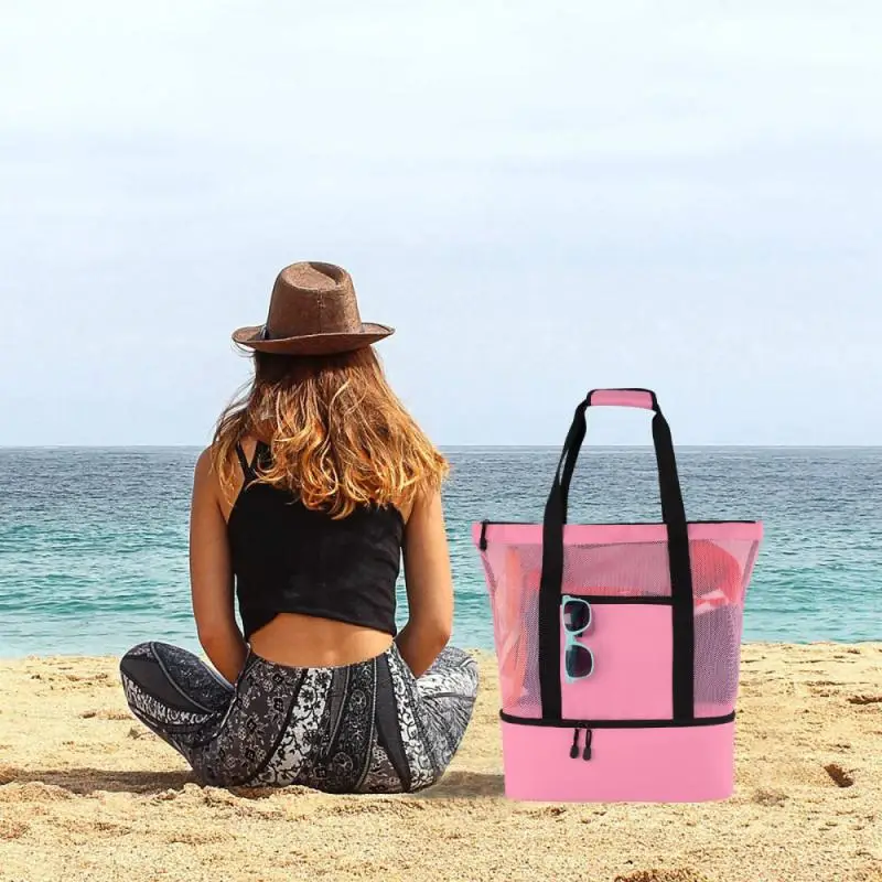 

Portable Beach Mesh Bag Thermal Insulation PVC Beach Handbag Double Layers Tote Lunch Food Storage Bag Travel Sport Bag