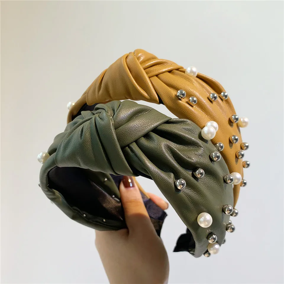 Новые женские элегантные кожаные ПУ ободки для волос с жемчужинами и поперечным