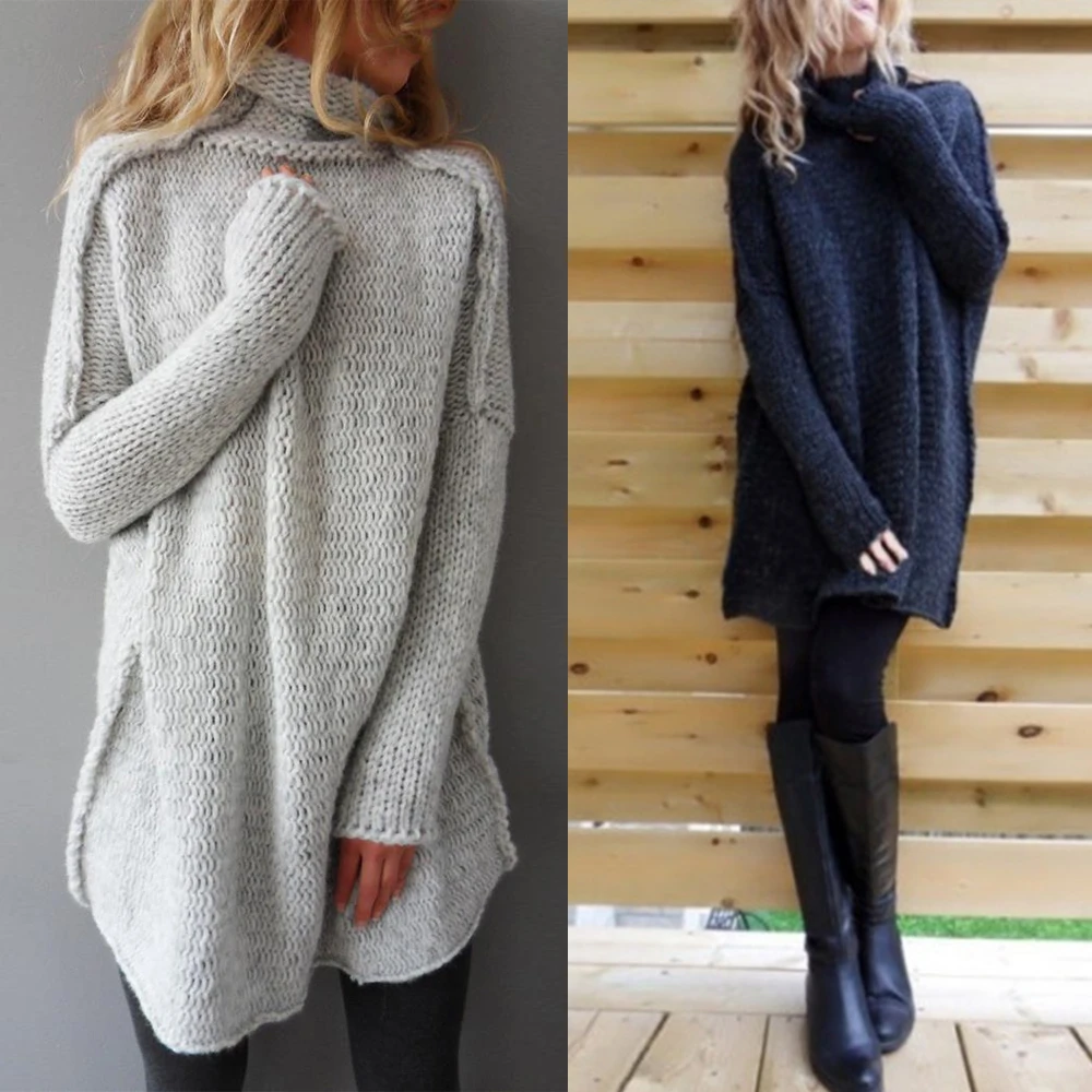 Женский Длинный Однотонный свитер с высоким воротником вязаный джемпер длинными