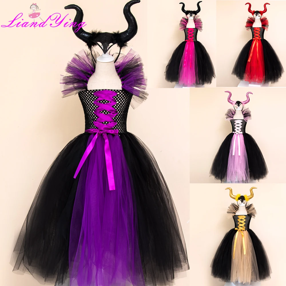 Maleficent/платье-пачка «злая королева» для девочек с рогами, костюм ведьмы для косплея для девочек, детское праздничное платье, детская одежда