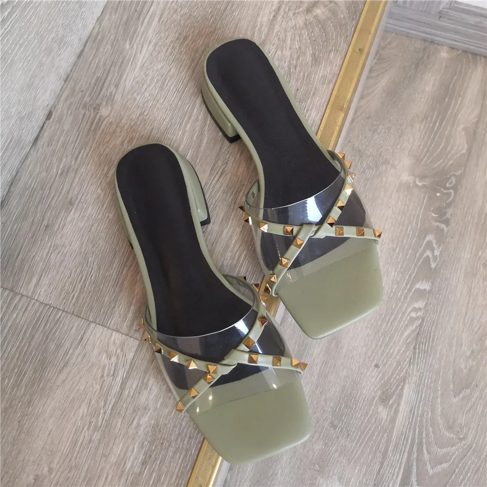 

MILI-MIYA Fashion Rivet Women Microfiber Sandals Square Toe Slip On Low Thick Heels Casual Street Summer Shoes Plus Size 34-43