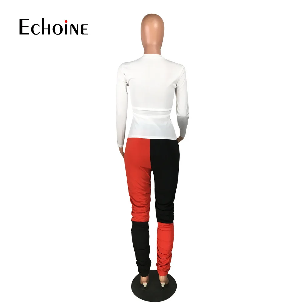 

Echoine Woman Autumn Solid Color Poker Spades Q Print Casual Set Long Sleeves and Patchwork Leggings Two Piece Set Streetwear