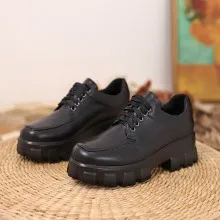 

New Brand Style Black Lace-Up Falt Platform Women Shoes Cow Leather Round Toe Thick Bottom Spring Fall Casual Shoes 34-43