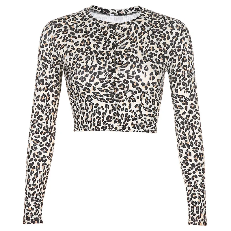 

Y2K Leopard Print Cardigan Long Sleeve T-shirt Women 2021 Summer Autumn Sexy Single Breasted Slim Crop Top Streetwear