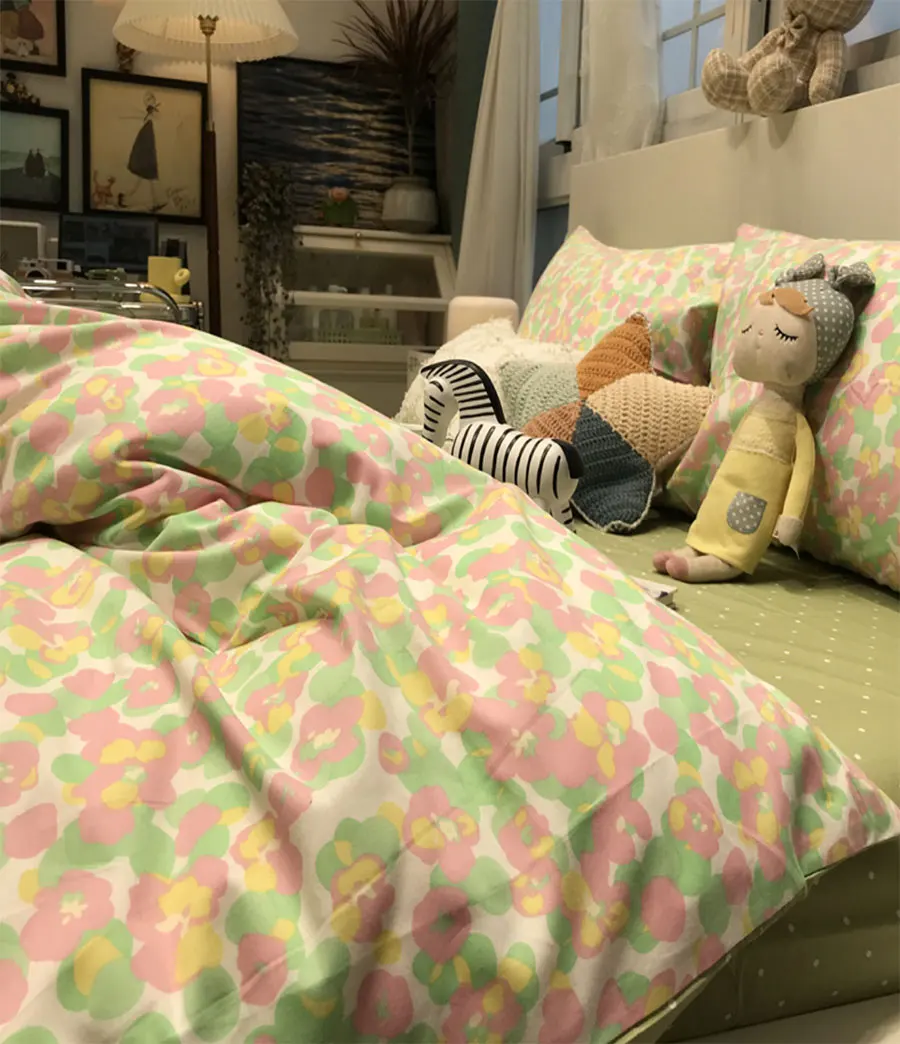 

Fashion pastoral flower bedding set,green pink single double cotton twin full queen home textile bedsheet pillowcase quilt cover