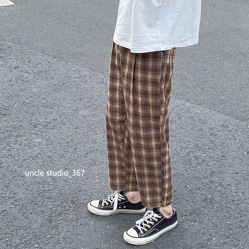 Брюки мужские тонкие в клетку модные прямые Хлопковые Штаны ретро стиле уличная
