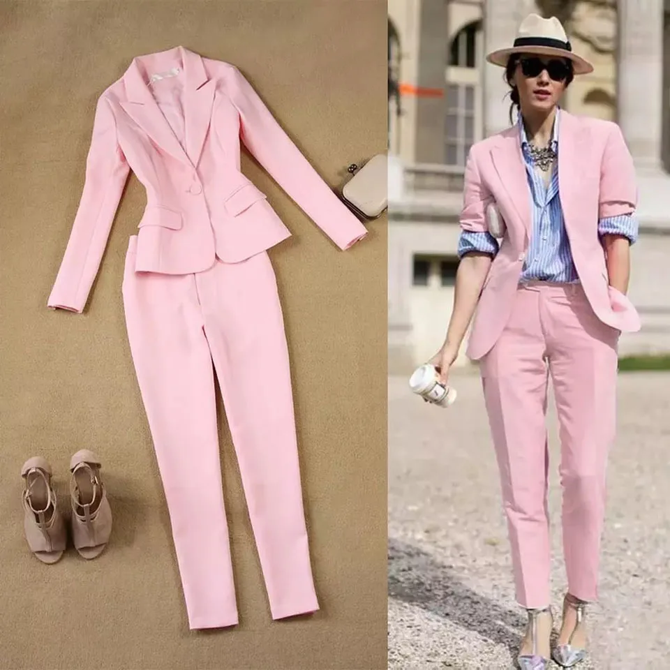 

Pink 2 Pieces Pant Suit Women Formal White Suit Female Office Slim Ladies Interview Suits One Button Pants And Blazer Set Womens