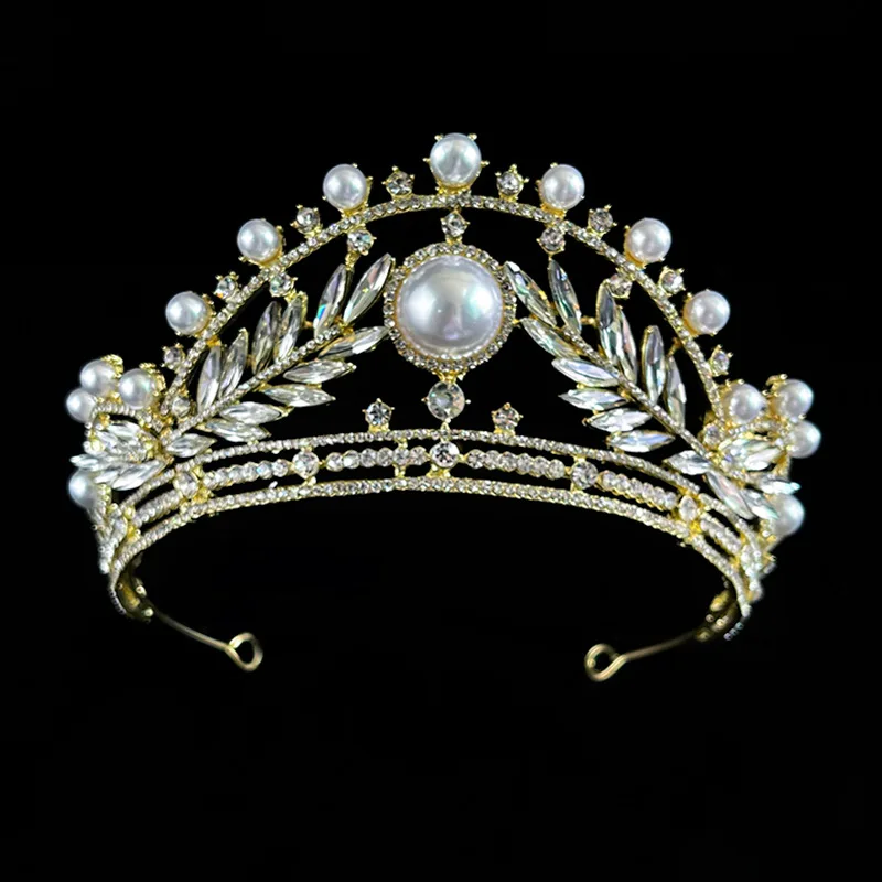 Роскошная свадебная корона с большим жемчугом и кристаллами европейская