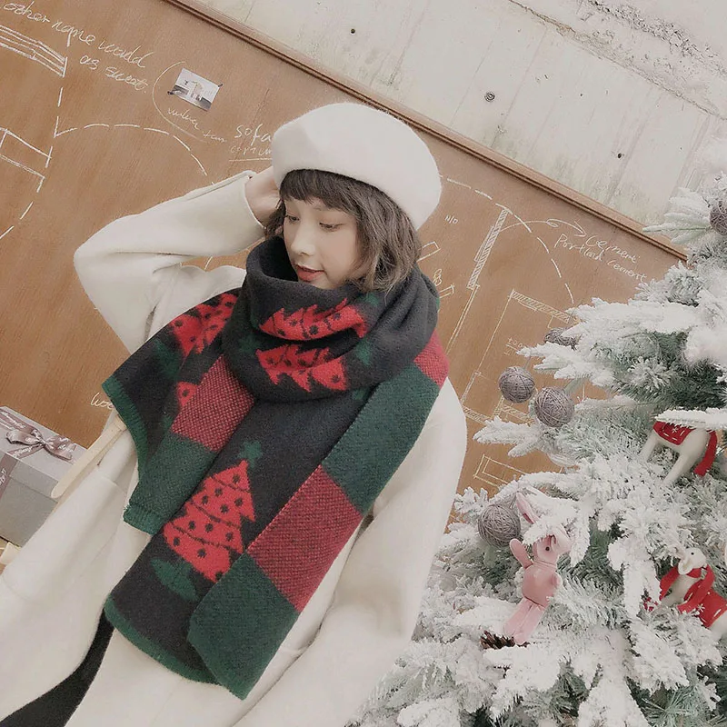 Зимний женский Рождественский шарф роскошный зимний вязаный теплый красный