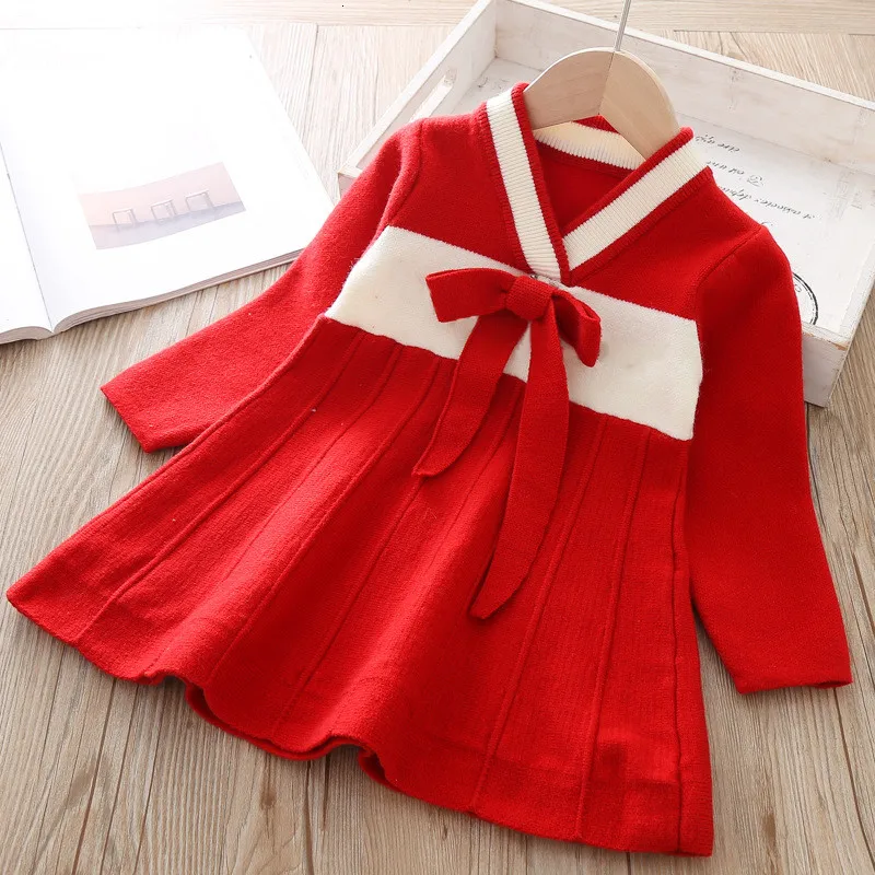 2019 Ethnic style V-neck embroidery knit dress Autumn and winter new children's sweater dresses girls princess warm | Детская одежда
