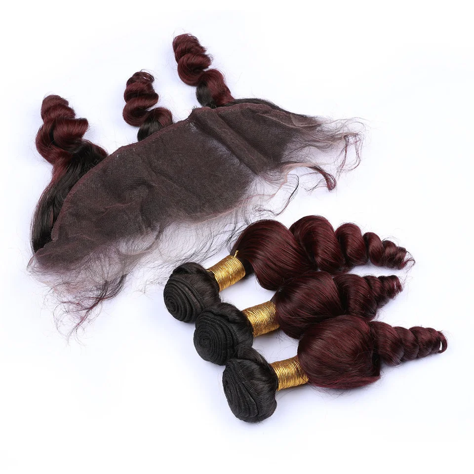 Anlimer 1B/99J Burgundy Bundles with Frontal 13*4 Peruvian Wave Human Hair Ombre 99J Non-Remy | Шиньоны и парики