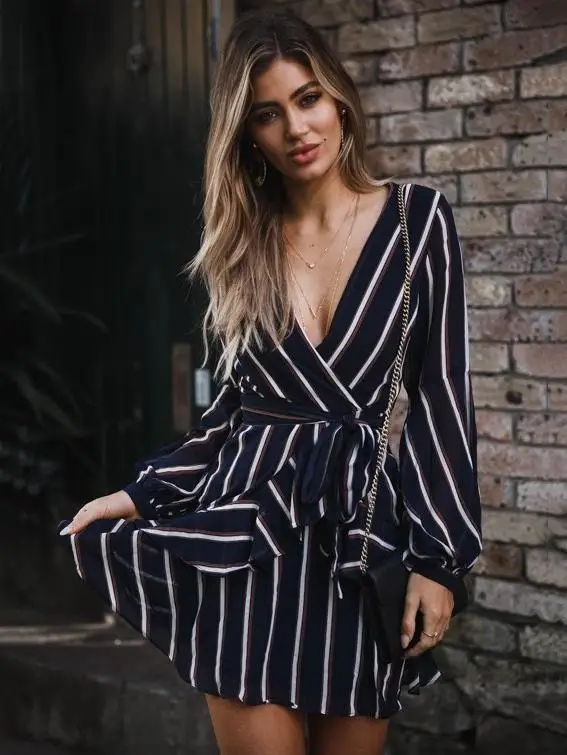 

2021 vertical pattern V-neck back zipper long-sleeved belted dress woman dress