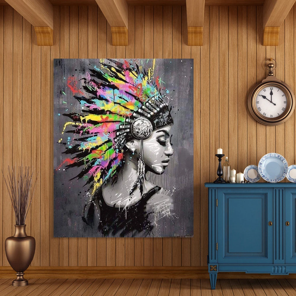 

Fashion Style Black Curly Hair Woman poster Feather Headdress Painting Canvas Wall Art Pictures for Living Room Home Decor