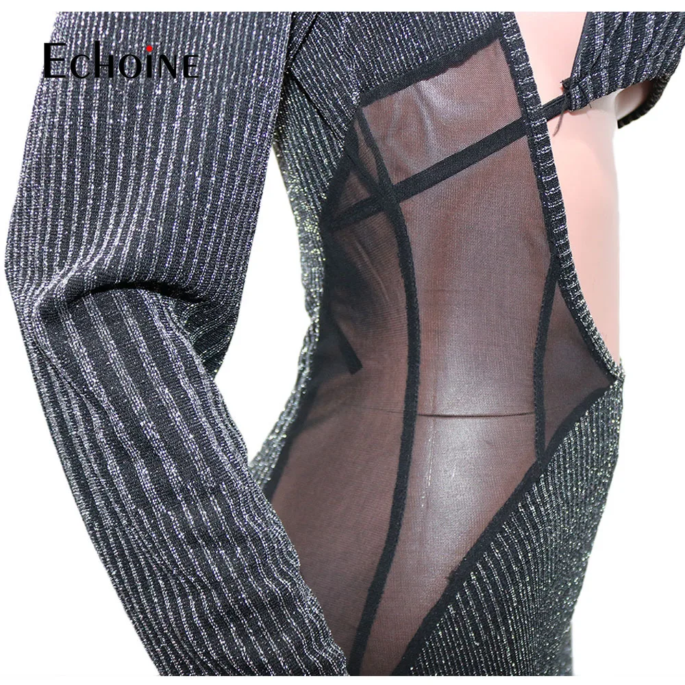 

Echoine Women Sexy Bandage Romper Ribbed Mesh Spliced Solid Color Jumpsuit Perspective Sequined Party nightclub Overalls