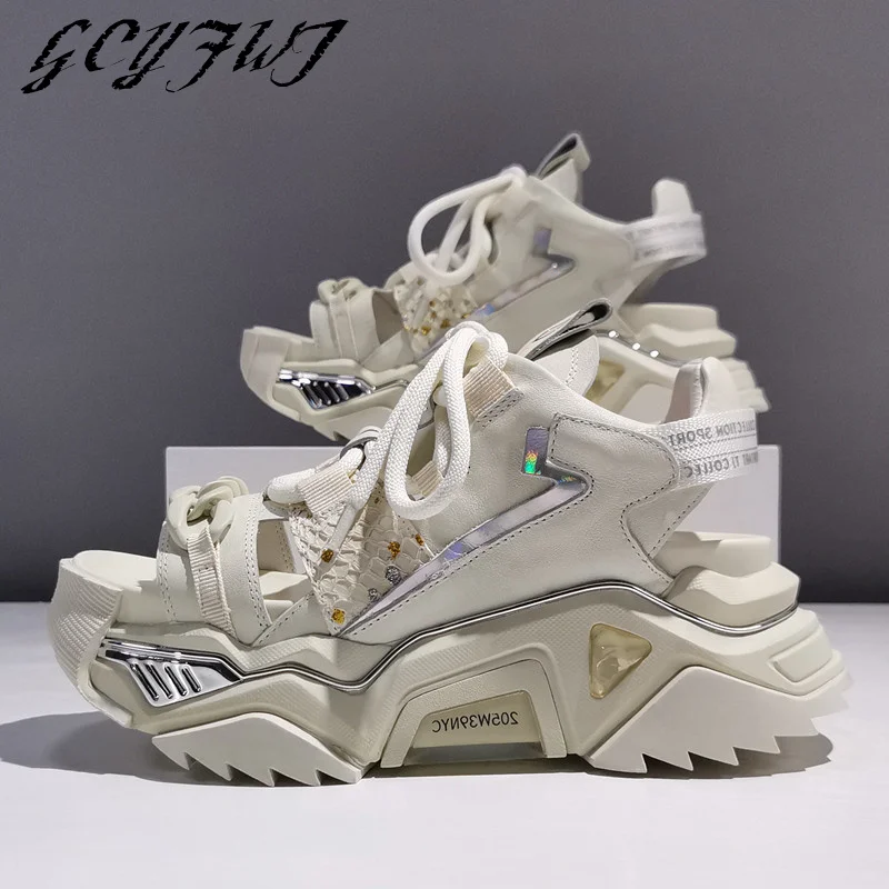

Women Sandals Genuine Leather Flat Platform Lace-Up Open Toe Girl Shoes Casual Height Increasing Fashion Summer Sandalias Mujer