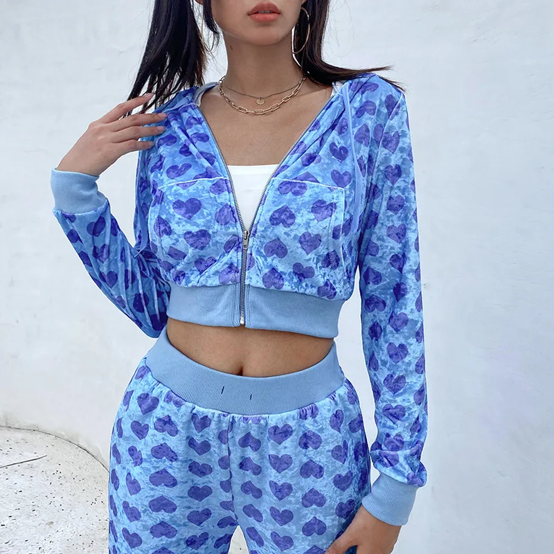 

New Hooded Sweater Women's Zipper Love Print Long Sleeve Tops Fashion Two-piece Trousers+Hoody Top Suits Harajuku Female