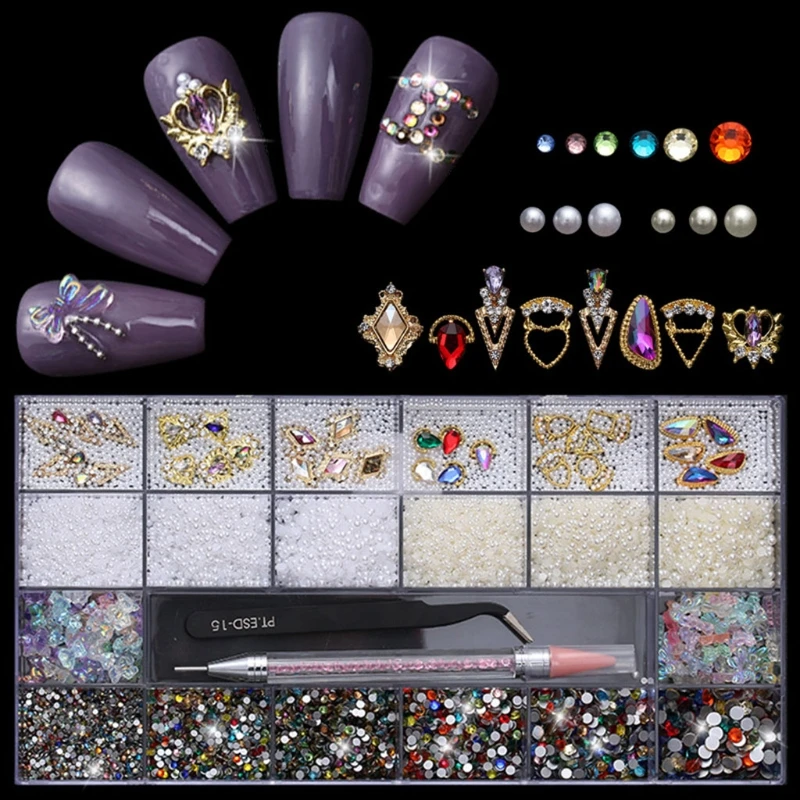 

21 Grids Nail Art Decorations Multi Shapes with Dual-ended Dotting Pen Tweezers Set DIY Nails Manicure Tool