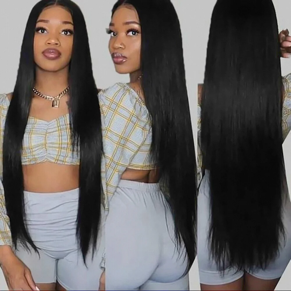 

13x4 натуральный черный 32-дюймовый длинный прямой передний парик со шнуровкой, выбеленный женский парик без клея из бразильских волос