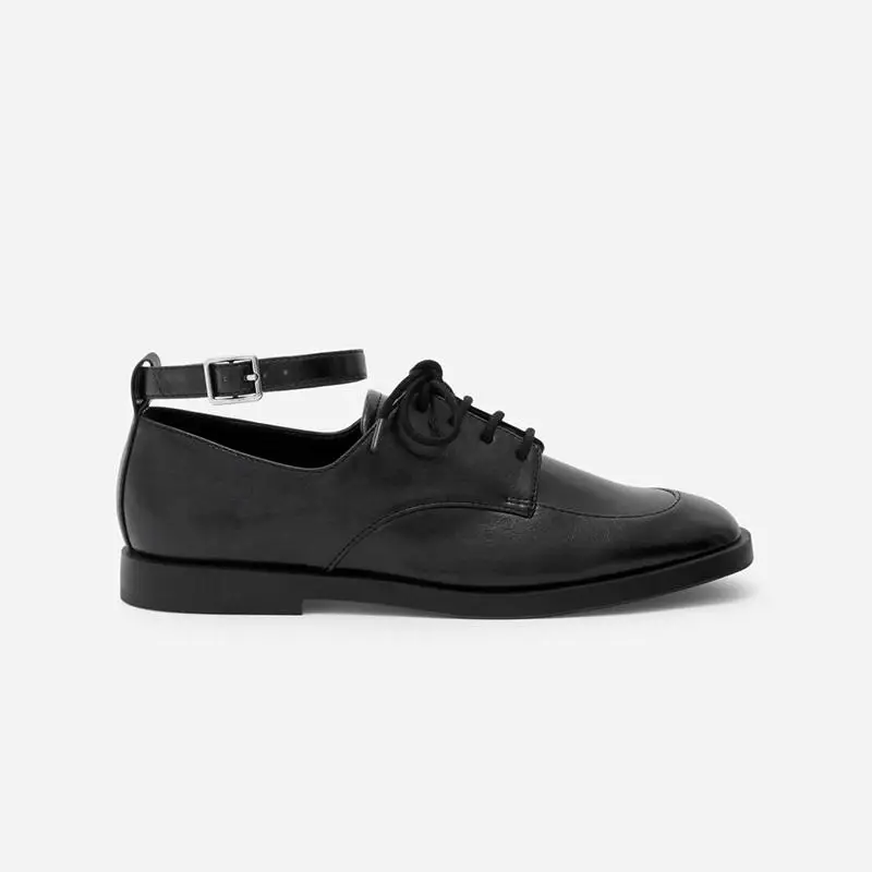 

College Style Retro Lace-up Flat With Single Shoes Square Toe British Leather Brogue Shoes Woman Retro Ankle Buckle Strap Shoe