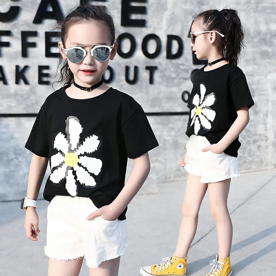 Летняя футболка для девочек с цветочным принтом футболки топ коротким рукавом
