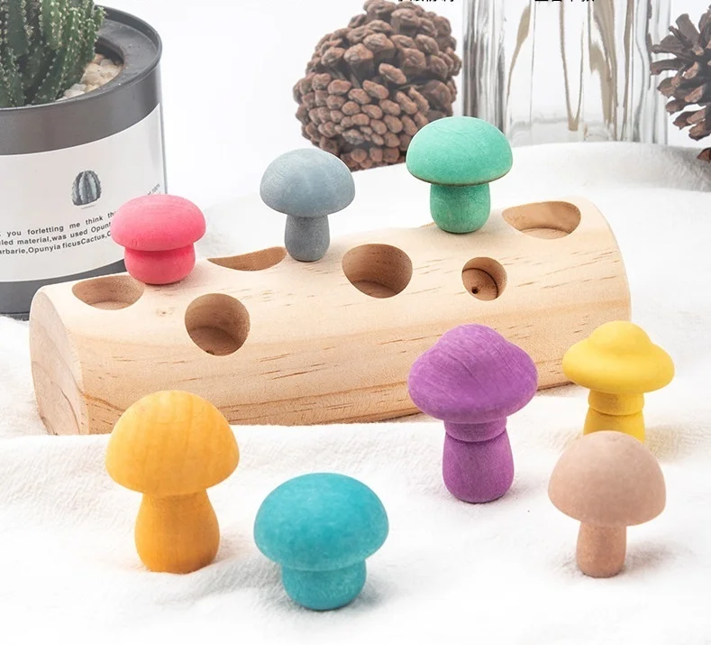 

Деревянный набор игрушек Монтессори, деревянные грибы, форма, соответствующий размер, познавательная игрушка Монтессори, развивающая игру...