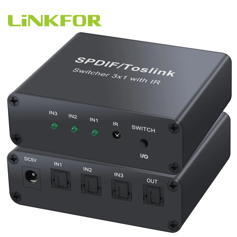 Цифровой оптический аудио переключатель LiNKFOR SPDIF/TosLink 3x1 с ИК оптическим адаптером