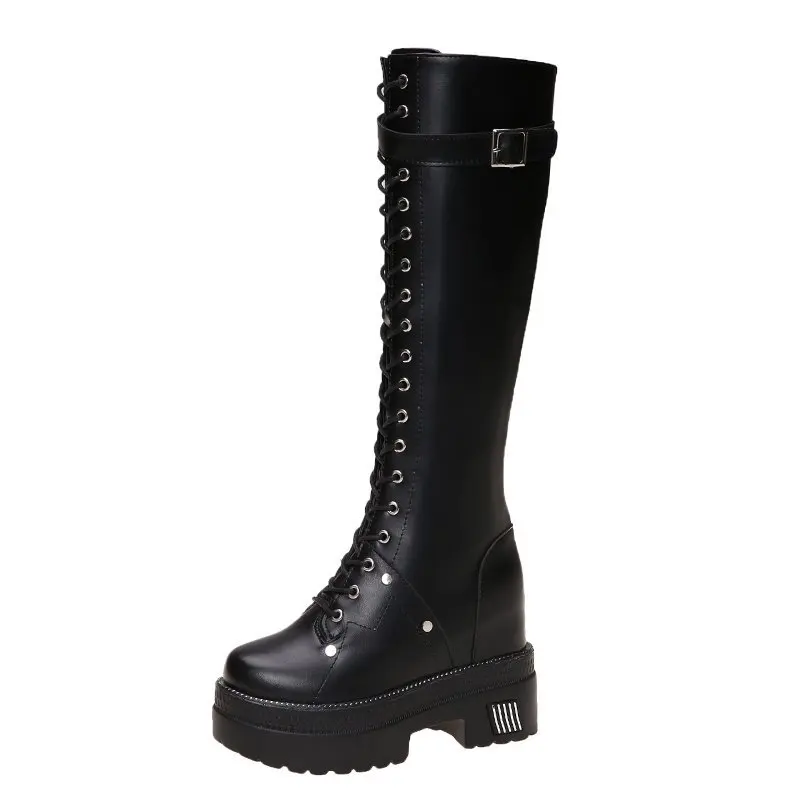 

2020 Autumn Winter Women's Long Boots Black Zipper PU Leather Knee High Boots Female Fashion Lace Up Platform Botas Mujer