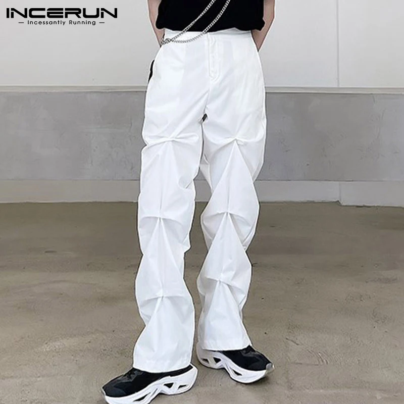 

INCERUN 2022 Men Pants Button Streetwear Solid Color Folds Pockets Casual Trousers Men Joggers Fashion Leisure Pantalon S-5XL