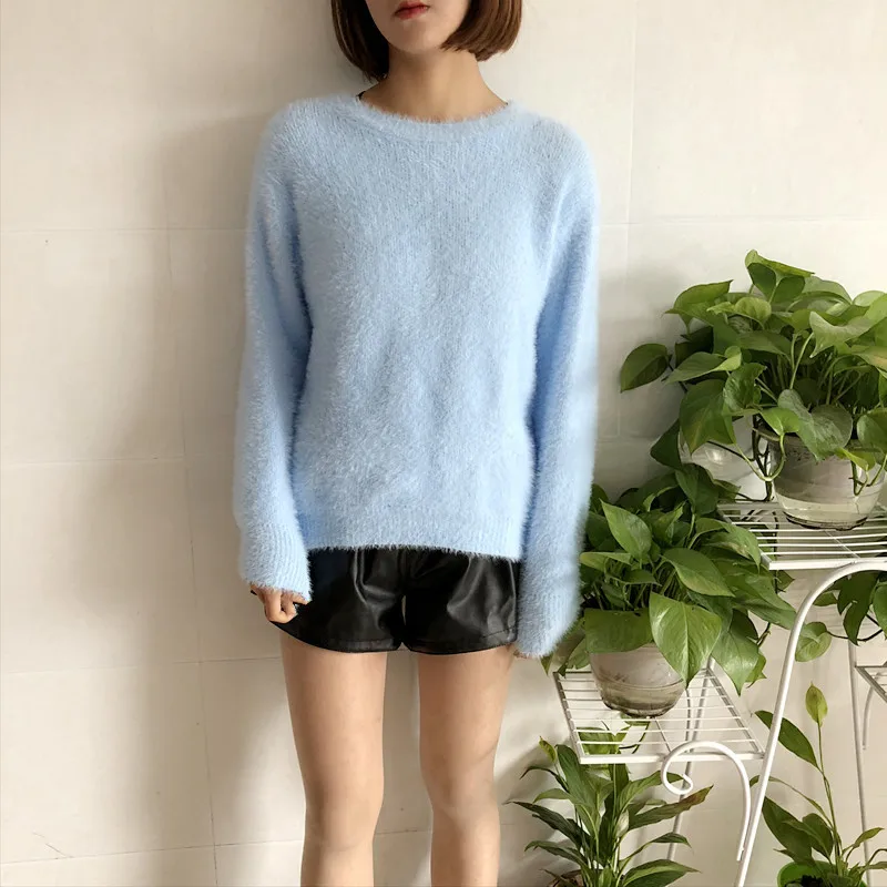 Женский свитер пуловер из мохера однотонный Повседневный свободный круглый