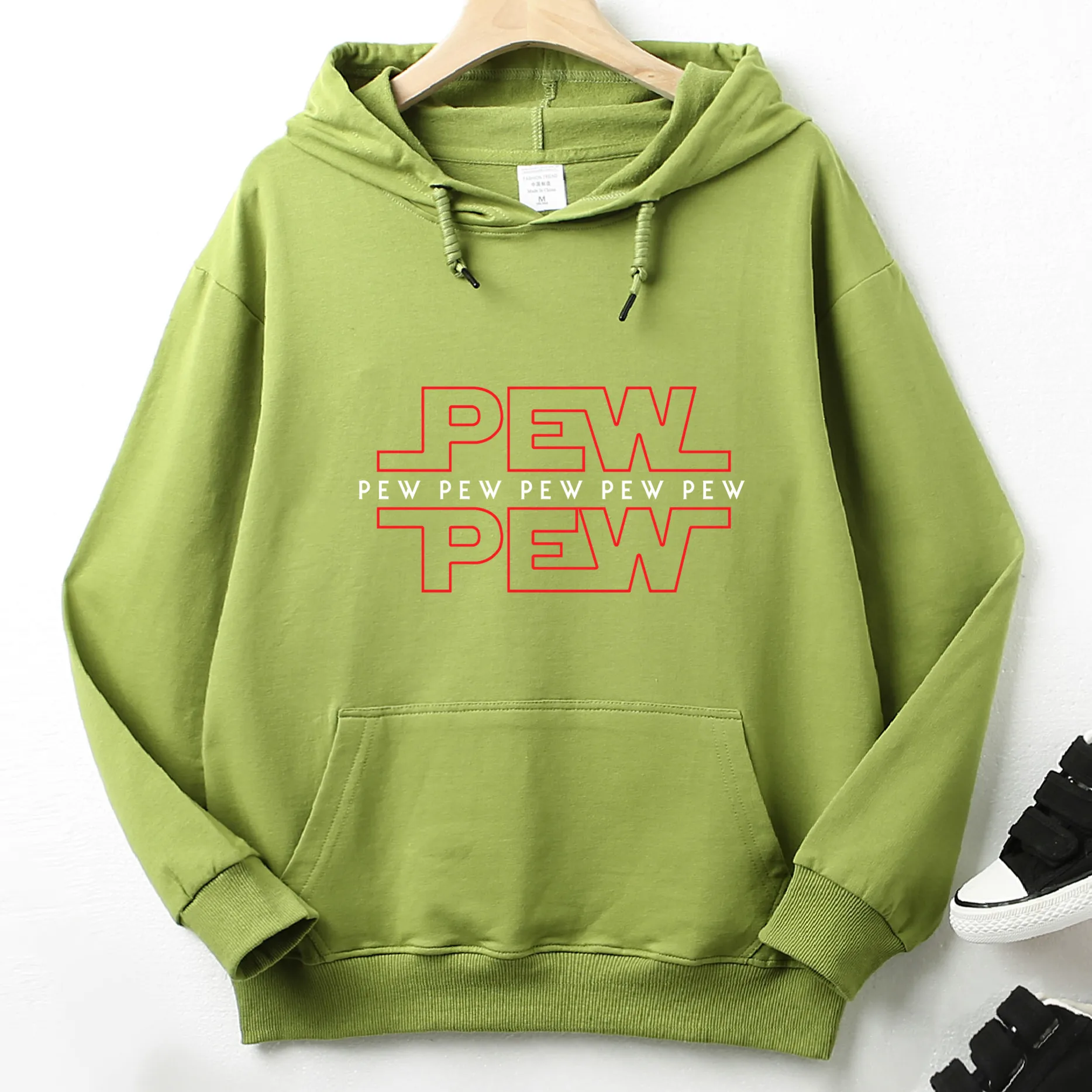 

PEW PEW 2021 Personality Interesting Logo High Quality Printed Hoodie 100% Cotton Pocket Sweatshirt Unique Unisex Top Asian Size