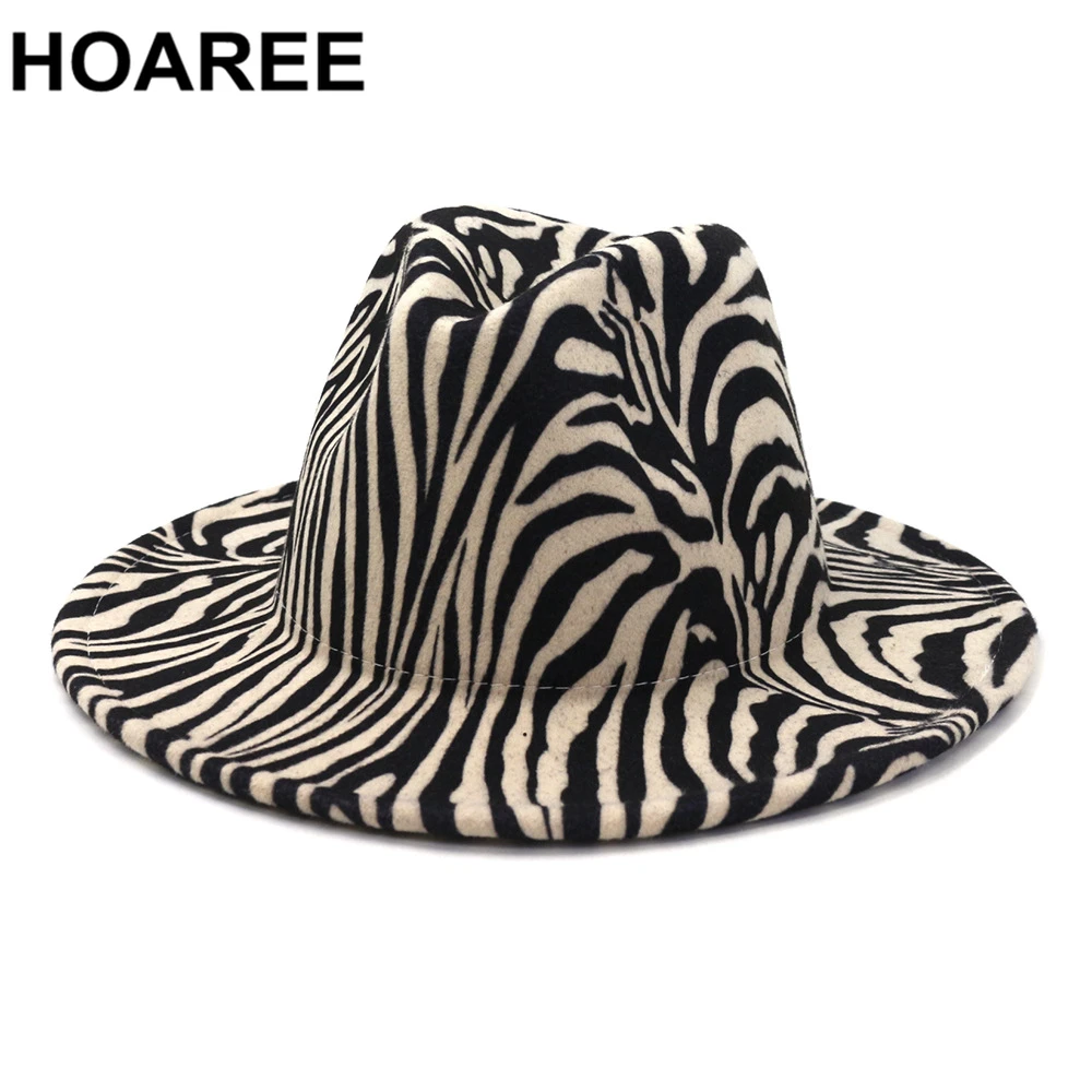 

HOAREE Woolen Felt Jazz Fedora Hat Women Men Zabra Print Wide Brim Panama Party Trilby Cowboy Cap Autumn Gentleman Wedding Hat