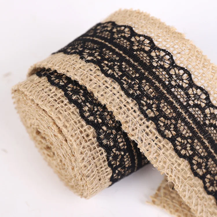 2Meters/Roll 5cm Natural Jute Burlap Hessian Ribbon with Black Lace Trim Christmas Rustic Vintage Wedding Decoration DIY Crafts - купить по