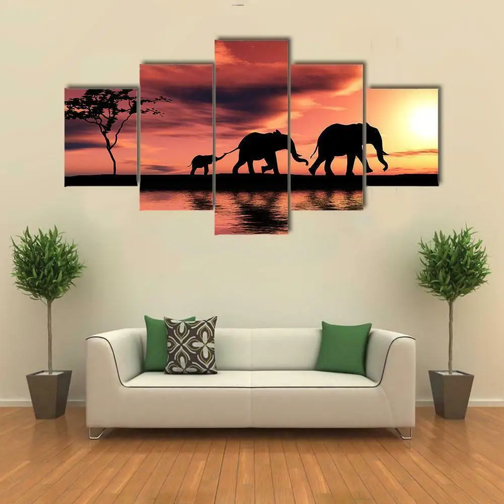

No Framed Canvas 5Pcs Elephant Family Shadow Sunset Wall Art Posters Pictures Home Decor Paintings Decorations