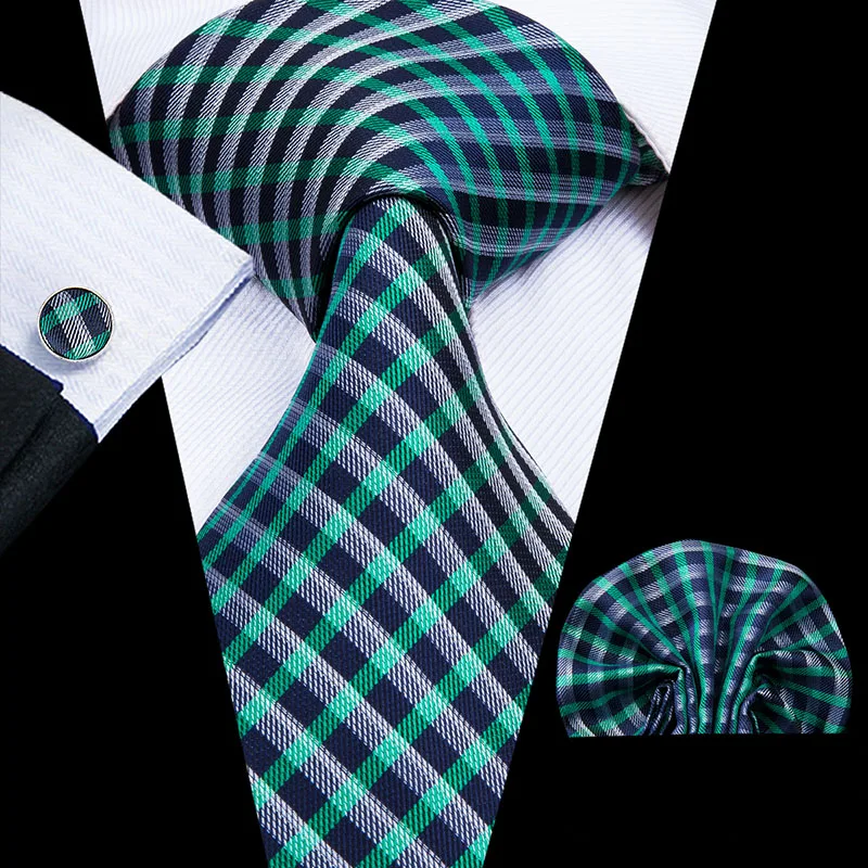 

Hi-Tie Green New Fashion Neck Tie Set 8.5cm Plaid Mens Tie Pocket Square Cufflinks Jacquard Silk Ties For Men Suits Corbatas
