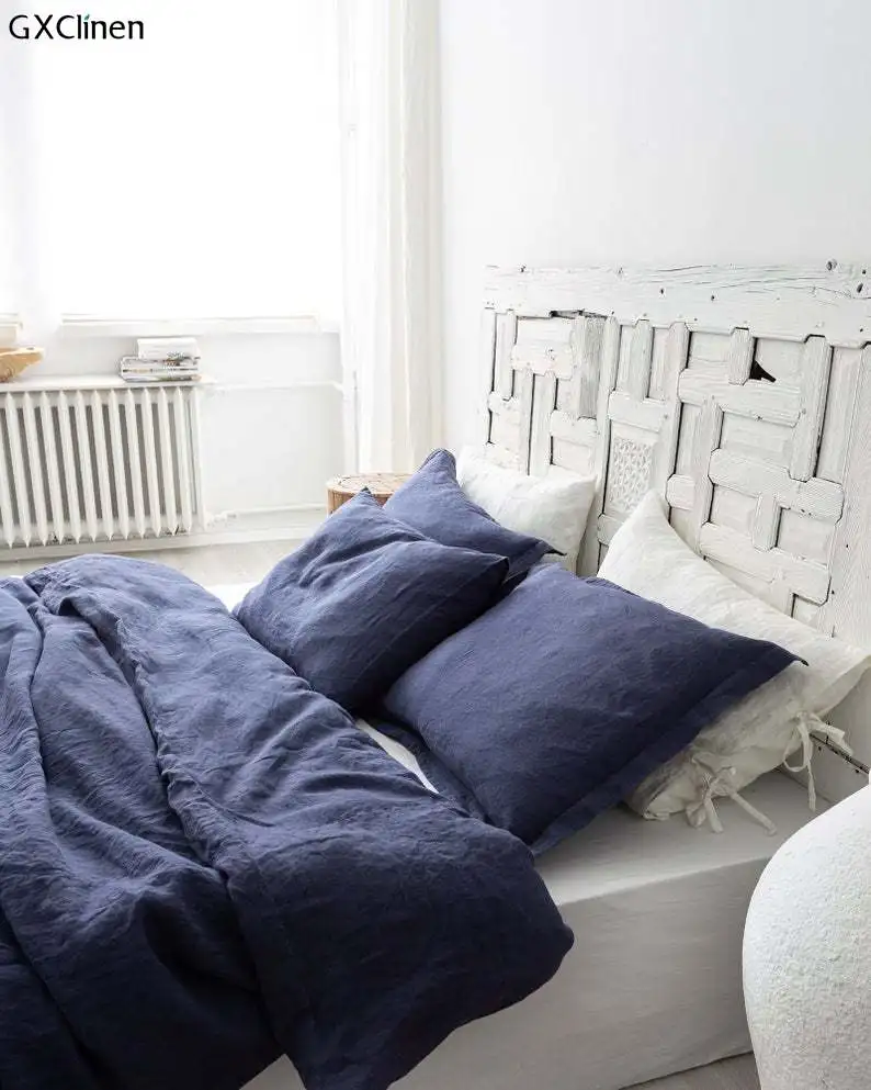 Ручная работа синего цвета льняное покрывало простынь и наволочки для подушек