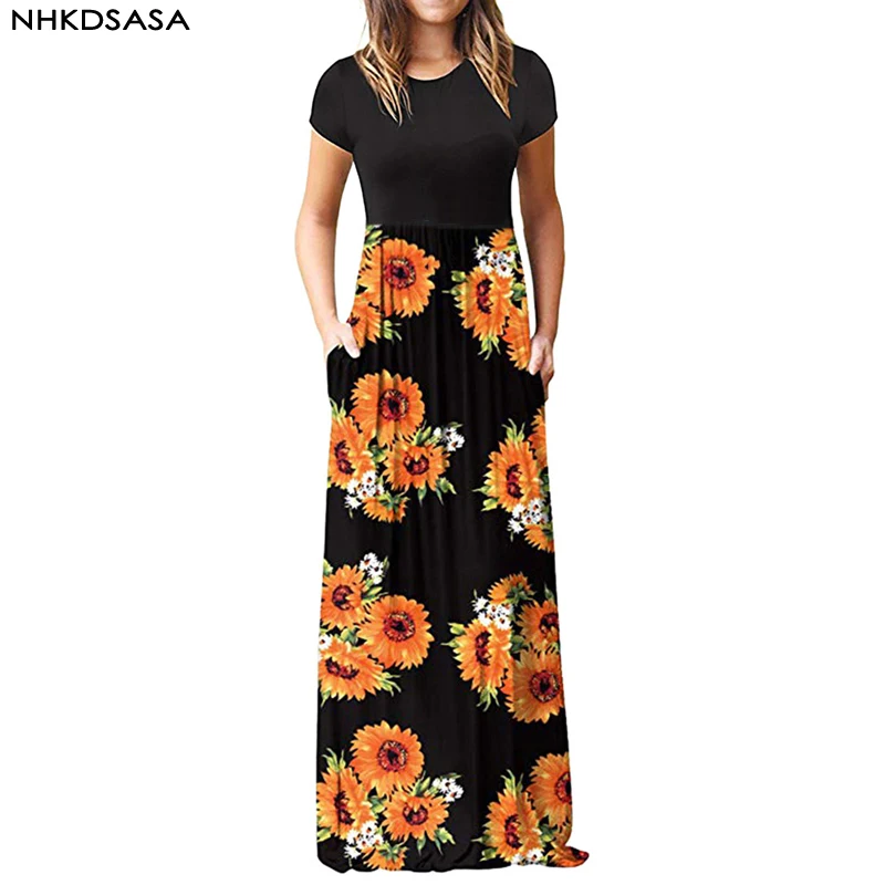 

NHKDSASA Women's Short Sleeve Loose Plain Maxi Dresses 2021 Summer Plus Large SizeRetro Print Casual Long Dresses With Pockets